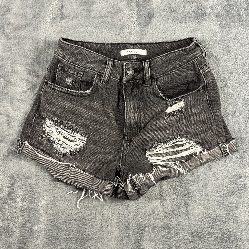 Pacsun Mom Shorts Womens 24 Black Faded Denim Cotton Distressed Cuffed Hem Beach